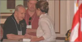  ??  ?? World War II veteran Frank Horvath meeting with U.S. Rep. Madeleine Dean (D-4) at Valley Forge Military Academy.