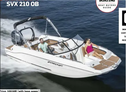  ??  ?? Price: $44,640 (with base power)
SPECS: LOA: 20'9" BEAM: 8'6" DRAFT: 3'0" DRY WEIGHT: 2,685 lb. SEAT/WEIGHT CAPACITY: 14/1,875 lb. FUEL CAPACITY: 60 gal.
HOW WE TESTED: ENGINE: Yamaha F200 DRIVE/PROP: Outboard/Yamaha Reliance 17" x 14.25" 3-blade stainless steel GEAR RATIO: 1.86:1 FUEL LOAD: 45 gal. CREW WEIGHT: 190 lb.