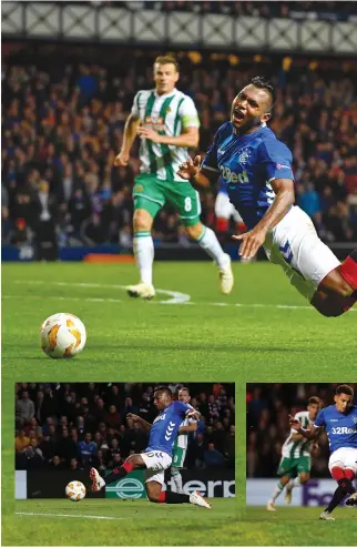  ??  ?? Alfredo Morelos scored two, (bottom left and right) and won the penalty