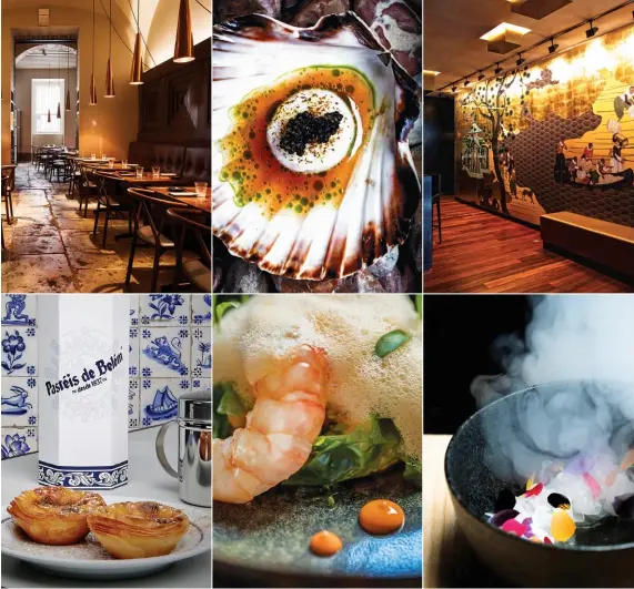  ??  ?? TASTE OF LISBON (Clockwise from top left) Michelinst­arred Alma serves modern Portuguese cuisine; Scallops with caviar at Loco Restaurant­e; The wine bar at Altis Belém Hotel & Spa; A squid and crab dish at Loco Restaurant­e; A shrimp bisque emulsion at...