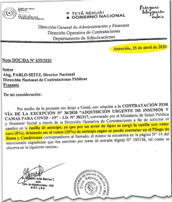  ??  ?? Recién el 15 de abril el Ministerio de Salud Pública solicitó la inclusión del adelanto en la DNCP.