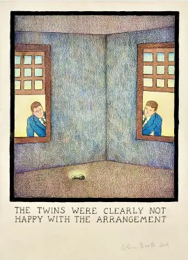  ??  ?? Glen Baxter. « Twins ». 2016. Encre sur papier. 79 x 53 cm. (Ph. R. Fanuele).Ink on paper