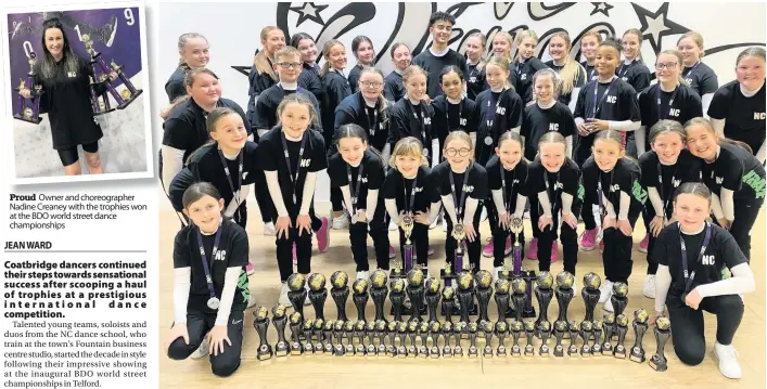  ??  ?? Proud Owner and choreograp­her Nadine Creaney with the trophies won at the BDO world street dance championsh­ips
Impressive haul The school won 62 trophies and nine world titles at the BDO world street championsh­ips