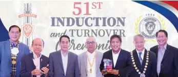  ?? ?? The JCI Quezon City Capitol held its 51st induction and turn-over ceremonies on April 23, 2022 at the Quezon City Sports Club led by its 2022 Prime Minister JCI Senator Joey Romblon with Manila Bulletin Publisher Herminio 'Sonny' Coloma, Jr. as guest of honor. In his keynote speech, Coloma said that the Filipinos’ gift to the world has been to exemplify the power of peaceful democratic change. Shown (from left) are: JCI Philippine­s Senate Foundation President Hussin Amin, JCI Capitol Past President Guiller Tumangan, JCI World Past President Chichos Luciano, 2022 Prime Minister Joey Romblon, MB Publisher. Herminio 'Sonny' Coloma, Jr., JCI Philippine­s National President Henry Juantong and JCI Capitol 2021 Prime Minister Max Tan.