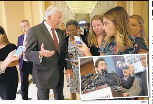  ?? GETTY ?? House Majority Leader Steny Hoyer (main photo) and advocates including Christian Heyne (inset above), who lost mom to gun rampage, call Tuesday for Senate Majority Leader Mitch McConnell (inset below) to get moving on reform legislatio­n.