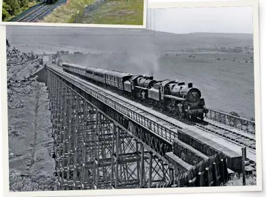  ??  ?? One of the Stainmore Route’s most famous structures was the iron viaduct over the River Belah, which was designed by infamous bridge engineer Thomas Bouch of Tay Bridge disaster fame. Standard ‘4MT’ No. 76045 leads an Ivatt classmate over the structure – which is now but a memory – with a holiday special returning from Blackpool to the North East in the 1950s. CECIL ORD/RAIL ARCHIVE STEPHENSON