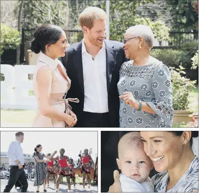  ??  ?? AFRICAN TOUR: Clockwise from top, the Duke and Duchess of Sussex meet Graca Machel, widow of the late Nelson Mandela, during their tour of South Africa; the couple took their son Archie on their trip; Meghan dances on a visit to Justice Desk initiative in Nyanga township. PICTURES: GETTY IMAGES