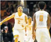  ?? CALVIN MATTHEIS/KNOXVILLE NEWS SENTINEL VIA AP ?? Tennessee’s Grant Williams calls to fellow freshman Jordan Bone during Saturday’s win over Missouri. Grant, Bone and the other Vols will host the Vanderbilt Commodores at Thompson-Boling Arena tonight at 6:30.