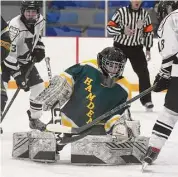  ?? Dave Stewart/Hearst Connecticu­t Media ?? Hamden goalie Brody Sargolini gloves the puck on a shot by Xavier’s Dylan Reynolds during the CIAC Division I boys ice hockey quarterfin­als in West Haven in 2022.