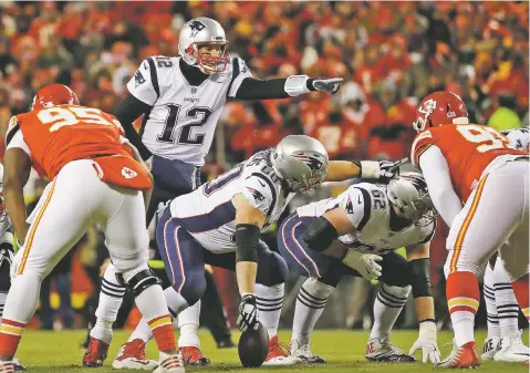  ?? ASSOCIATED PRESS FILE PHOTO ?? Patriots quarterbac­k Tom Brady calls a play during the AFC championsh­ip against the Chiefs on Jan. 20 in Kansas City, Mo. We’re not likely to see much of Brady until opening day. We won’t see any of his buddy and standout tight end, Rob Gronkowski, whose battered body caused him to retire. It’s a big blow for the 42-year-old Brady, who somehow manages to overcome such obstacles.