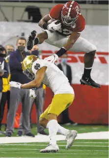  ?? Michael Ainsworth / Associated Press ?? Left, Najee Harris, playing for Antioch High School, vaults over FreedomOak­ley defender Jared Rodgers in an Oct. 7, 2016, game. Right, Harris hurdles Notre Dame cornerback Nick McCloud for a 53yard gain in the Rose Bowl game Jan. 1.