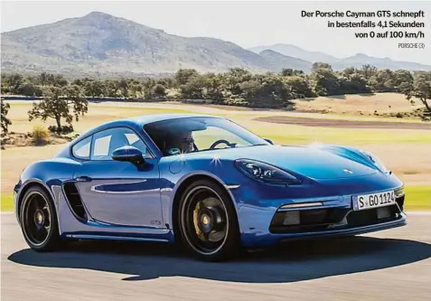  ??  ?? Der Porsche Cayman GTS schnepft in bestenfall­s 4,1 Sekunden von 0 auf 100 km/h PORSCHE (3)