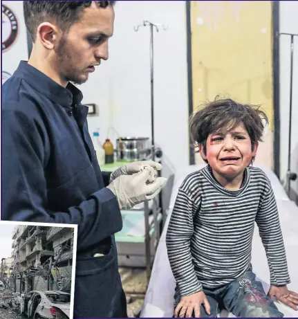  ?? Pictures: MOHAMMED BADRA/EPA, REUTERS ?? PAIN: A distraught child is treated after an attack on Douma, Eastern Ghouta, inset