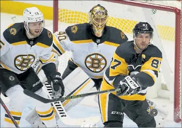  ?? AP ?? Bruins goaltender Tuukka Rask was back in net on Tuesday night against the Penguins after rookie Jeremy Swayman got the start on Sunday.