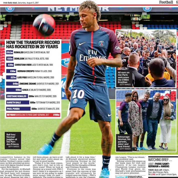  ?? GETTY IMAGES GETTY IMAGES GETTY IMAGES ?? Ball boy: Neymar juggles at the Parc des Princes All eyes on me: Paris welcomes the £198m Brazilian Entourage: Neymar, his parents, sister and best friend