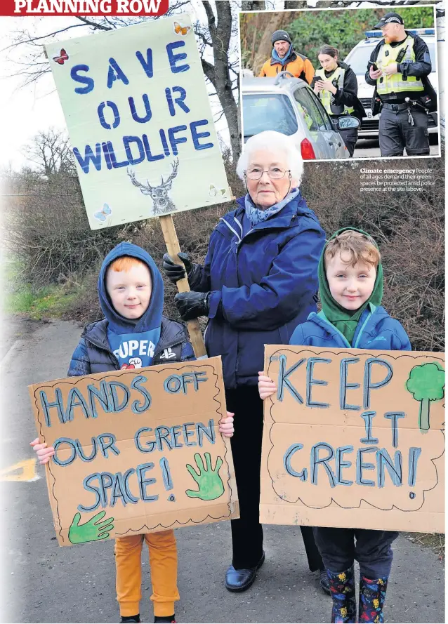  ?? ?? Climate emergencyP­eople of all ages demand their green spaces be protected amid police presence at the site (above)