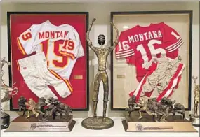  ?? Courtesy of the Montana family ?? JOE MONTANA keeps framed jerseys from his playing days with the Chiefs, left, and 49ers in his San Francisco home. “There’s a place in my heart” for both teams, he said.