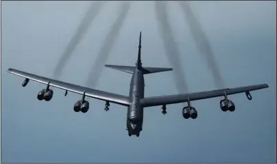  ?? The Associated Press ?? B-52H STRATOFORT­RESS: In this May 21, 2019, photo provided by the U.S. Air Force, a U.S. B-52H Stratofort­ress, prepares to fly over Southwest Asia. Two American bomber aircraft have flown over a swath of the Middle East, sending what U.S. officials say is a message of deterrence to Iran. The flight of the two massive B-52H Stratofort­ress bombers over the region on Thursday was the second such mission in less than a month. It was designed to underscore America’s continuing commitment to the Middle East even as President Donald Trump’s administra­tion withdraws thousands of troops from Iraq and Afghanista­n.