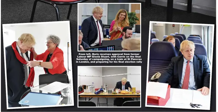  ??  ?? From left, Boris receives approval from former Labour MP Gisela Stuart, with Carrie on the final Saturday of campaignin­g, on a train at St Pancras in London, and preparing for his final election rally