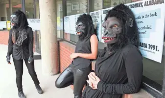  ?? ANDREW HINDERAKER ?? Guerrilla Girls artists Kathe Kollwitz, Zubeida Agha and Frida Kahlo pose during a press preview for an exhibition of works by the Guerrilla Girls titled “Not Ready To Make Nice: 30 Years And Still Counting.”