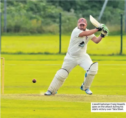  ??  ?? Llanelli batsman Craig Howells goes on the attack during his side’s victory over Tata Steel.