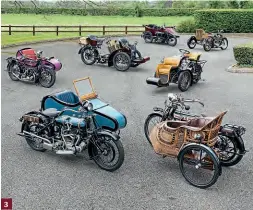  ??  ?? 3: Some sidecars being offered by the National Motorcycle Museum, including a rare, handsome, blue finished Martinsyde, front left, facing a 1913 Rover. The SEAL is at the back, on the left. 3