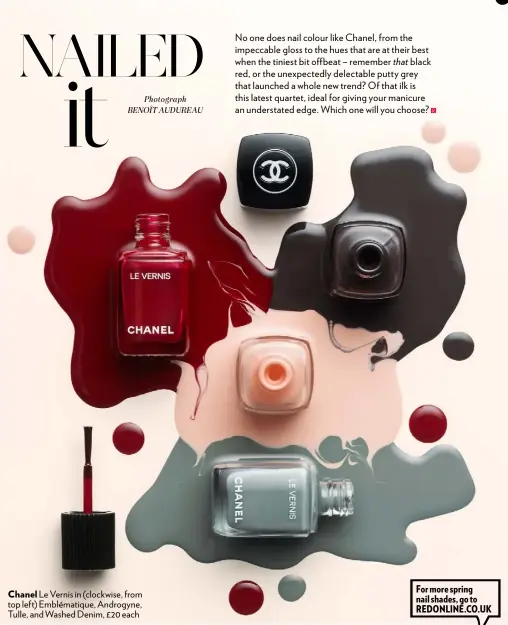  ??  ?? Chanel Le Vernis in (clockwise, from top left) Emblématiq­ue, Androgyne, Tulle, and Washed Denim, £20 each