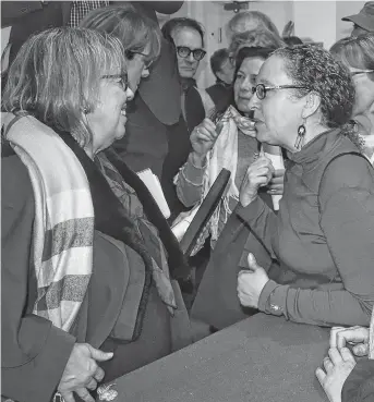  ??  ?? ADAM MACINNIS/THE NEWS Green Party Leader Elizabeth May, left, was greeted by a large crowd at the Northumber­land Fisheries Museum on Feb. 16.