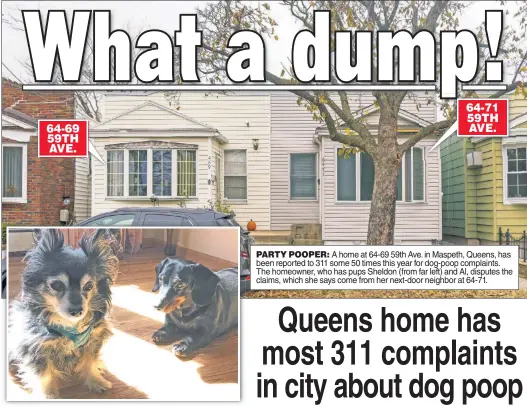  ??  ?? PARTY POOPER: A home at 64-69 59th Ave. in Maspeth, Queens, has been reported to 311 some 50 times this year for dog-poop complaints. The homeowner, who has pups Sheldon (from far left) and Al, disputes the claims, which she says come from her next-door neighbor at 64-71.