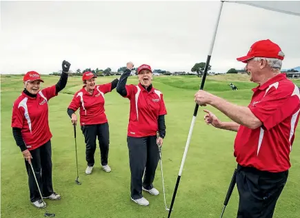  ?? PHOTO: BRADEN FASTIER/ FAIRFAX NZ ?? Jean Maxted, Margaret McLeod, Diane McCarthy, and Graham McCarthy, of Summit Realty Picton, celebrate a good putt during the for the Nelson Marlboroug­h Rescue Helicopter Charity Golf Day at Nelson Golf Club.
