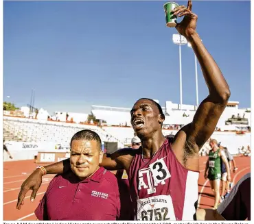  ?? JAY JANNER / AMERICAN-STATESMAN ?? Texas A&M decathlete Lindon Victor gets support after falling across the 1,500-meter finish line in the Texas Relays. With 8,472 points, Victor topped the mark previously held by Texas’ Trey Hardee.