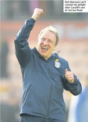  ??  ?? Neil Warnock can’t contain his delight after Cardiff’s win at Carrow Road