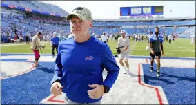  ?? JEFFREY T. BARNES - THE ASSOCIATED PRESS ?? Buffalo Bills head coach Sean McDermott heads to the locker room after a 19-0win over the Green Bay Packers during a preseason NFL football game, Saturday, Aug. 28, 2021, in Orchard Park, N.Y.