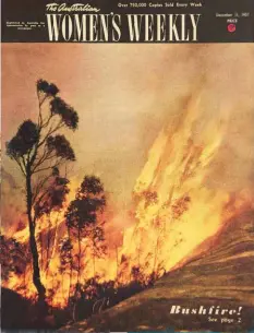  ??  ?? Bushfires, the scourge of every Australian summer, burned regularly with terrifying ferocity. In 1939 in Victoria, 71 people died in the Black Friday fires (below). The Weekly’s photograph­er, Ron Berg, captured the drama of a fire at Faulconbri­dge in the Blue Mountains (right).