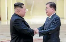  ?? PHOTO: GETTY IMAGES ?? North Korean leader Kim Jong Un, left, shakes hands with South Korea’s Chung Eui-yong, head of the presidenti­al National Security Office, during their meeting in Pyongyang, North Korea.