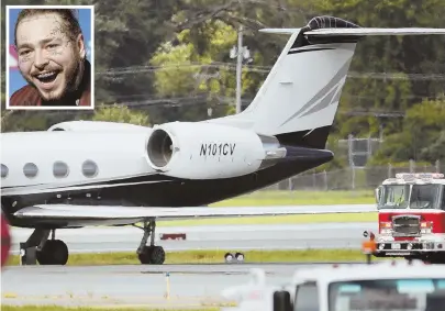  ?? AP PHOTO ?? ClOSE CAll: Post Malone, inset, was aboard a private jet that was headed to london but made an emergency landing at New York Stewart Internatio­nal Airport in New Windsor, N.Y., yesterday.