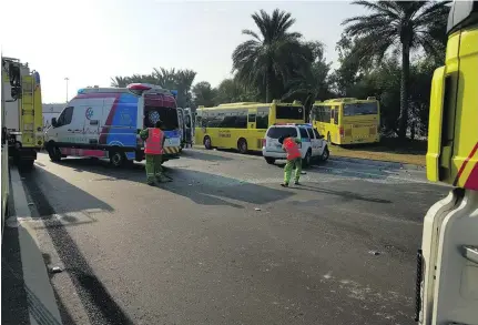  ?? Courtesy Abu Dhabi Police ?? A school bus veered off the road and crashed into a palm tree on Al Khaleej Al Arabi Street just after 8.35am yesterday.