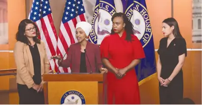  ?? (Erin Scott/Reuters) ?? US CONGRESSWO­MEN (from left) Rashida Tlaib, Ilhan Omar, Ayanna Pressley and Alexandria Ocasio-Cortez address the media in Washington on Monday.