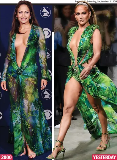  ??  ?? Original: Sensationa­l tropical print dress Reinvented: The new frock at the Milan show