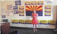  ?? PATRICK BREEN/ THE REPUBLIC ?? Senate candidate Kyrsten Sinema speaks to supporters and volunteers at the Arizona Democratic Party office in Glendale on Oct. 28.