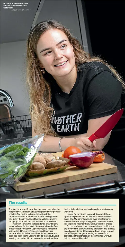  ?? ROBERT KITCHIN / STUFF ?? Gordana Rodden gets stuck into her convenienc­e food taste tests.