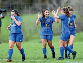  ??  ?? Shontelle Smith celebrates one of her two goals in Southern United’s 6-1 National Women’s Football League win over Central.