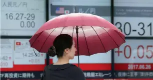  ?? — AP ?? A woman stands in front of an electronic stock board of a securities firm in Tokyo.