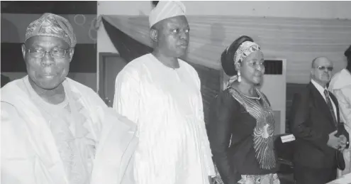  ??  ?? From left: Former President, Olusegun Obasanjo; Vice Chancellor, University of Ibadan, Prof. Idowu Olayinka; Deputy Vice Chancellor Academics, Prof. Gbemisola Oke; and Deputy Director- General, IITA, Dr Dashiell Kenton, at the Unibadan School of...