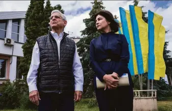  ?? Nariman El-Mofty / Associated Press ?? U.S. Attorney General Merrick Garland meets his Ukraine counterpar­t, Iryna Venediktov­a, in Krakovets. They discussed how the U.S. can help prosecute anyone involved in war crimes.