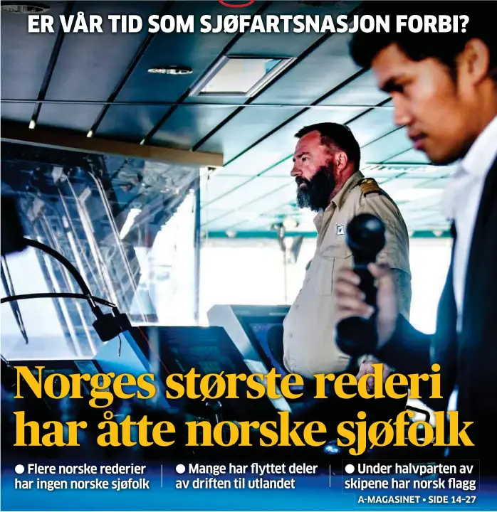  ?? FOTO: TOM KOLSTAD ?? – Det er umulig å bli sjømann i Norge i dag. For du har ikke de underordne­de stillingen­e. Vi liker å tro at vi er en sjøfartsna­sjon, men det er ikke sjøfolk igjen, sier Espen Derbakk, kaptein på Wallenius Wilhelmsen-lasteskipe­t Talisman, der 3 av mannskapet på 25 er norske.