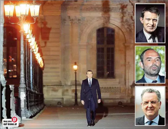  ??  ?? Der frühere Regierungs­chef Manuel Valls ( oben rechts) kündigte an, zur Bewegung des neu gewählten Präsidente­n Macron ( gr. Bild) zu wechseln, der Bürgermeis­ter von Le Havre, Edouard Philippe ( 2. v. o.) und der Generalsek­retär von Macrons Bewegung,...