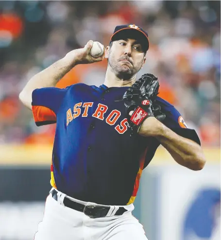  ?? BOB LEVEY/GETTY IMAGES ?? Astros starting pitcher Justin Verlander says, “It’s a new age of baseball, and fundamenta­lly, it’s velocity that’s driving it.”