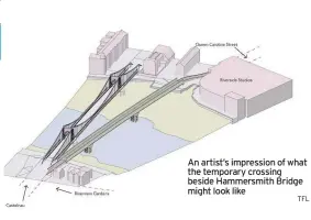 ?? TFL ?? An artist’s impression of what the temporary crossing beside Hammersmit­h Bridge might look like
