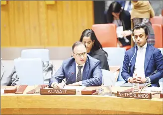  ?? KUNA photo ?? Permanent Representa­tive of the State of Kuwait to the UN Ambassador Al-Otaibi during the Security Council
session (Children and Armed Conflict).